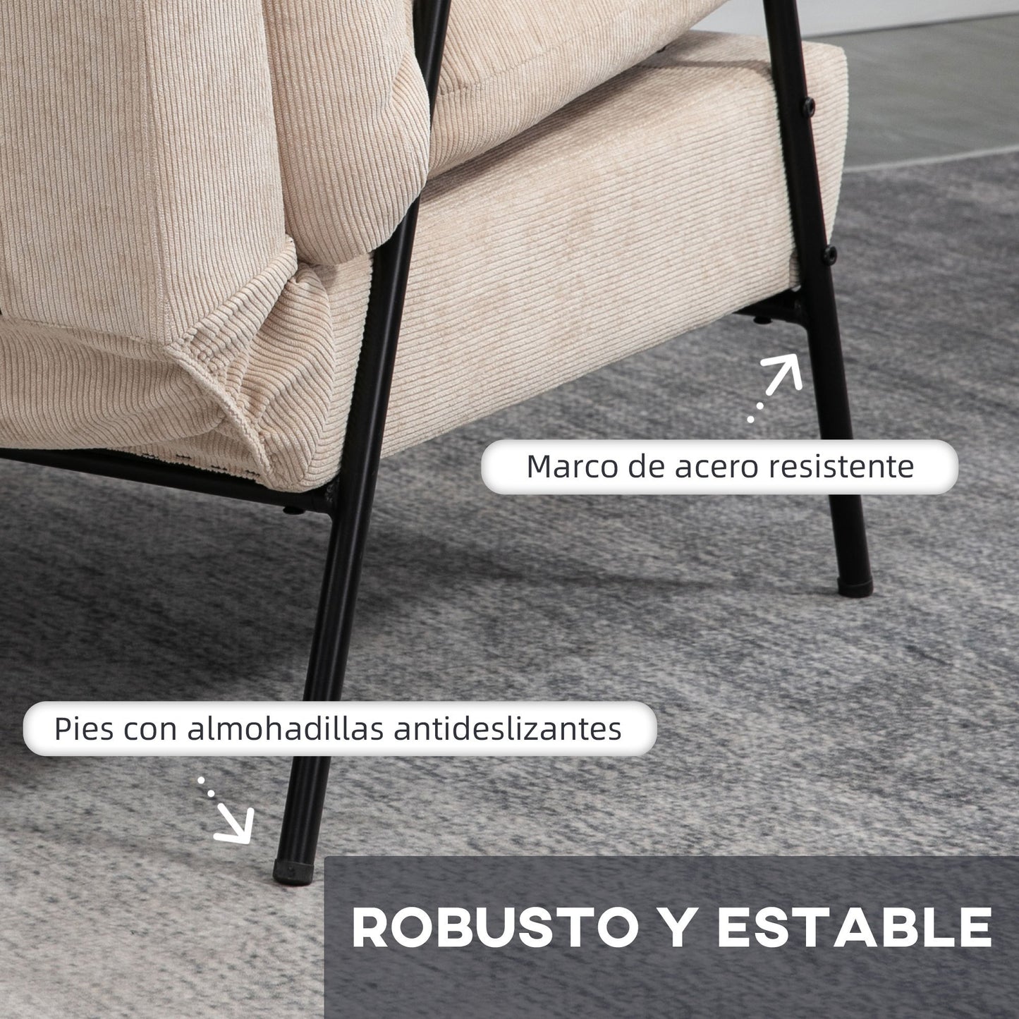 Sillón Lounge de estilo moderno con respaldo reclinable, reposabrazos y reposapiés - Tapizado en pana beige y estructura de acero en negro