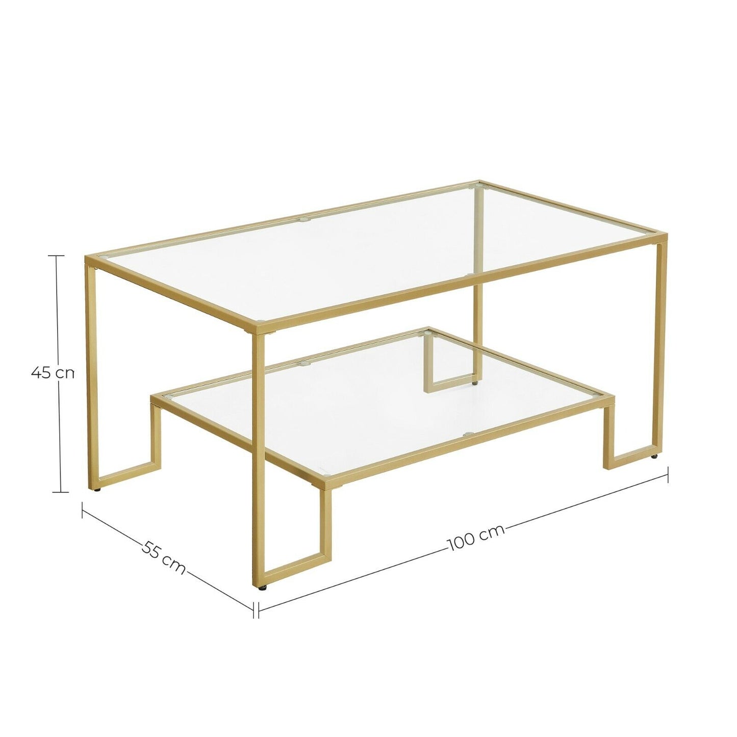 Mesa de centro con dos niveles para sala de estar o salón estilo vintage / contemporáneo - Sobre de vidrio y estructura metálica dorada