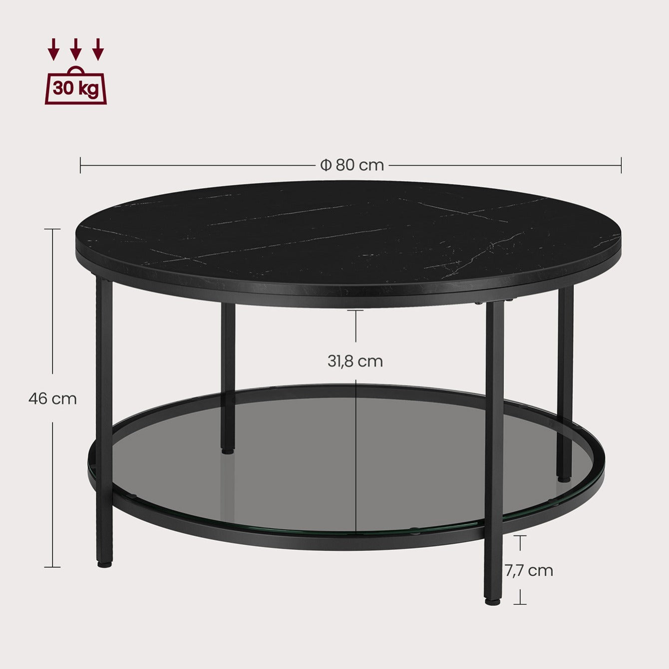 Mesa de centro redonda de estilo moderno disponible en tres variantes - Mármol de imitación, estante de vidrio templado y estructura metálica