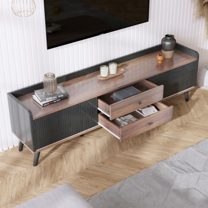 Mueble para TV de estilo moderno con puertas corredizas, 2 cajones y estante de almacenamiento - Madera maciza disponible en terminado blanco y negro