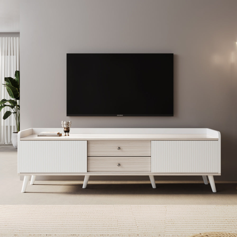 Mueble para TV de estilo moderno con puertas corredizas, 2 cajones y estante de almacenamiento - Madera maciza disponible en terminado blanco y negro