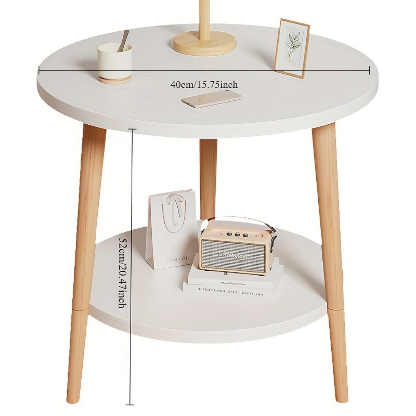 Mesa de café redonda de dos niveles estilo nórdico - Madera maciza, diseño blanco y madera, ideal para mesita de noche o auxiliar, con estante en la base