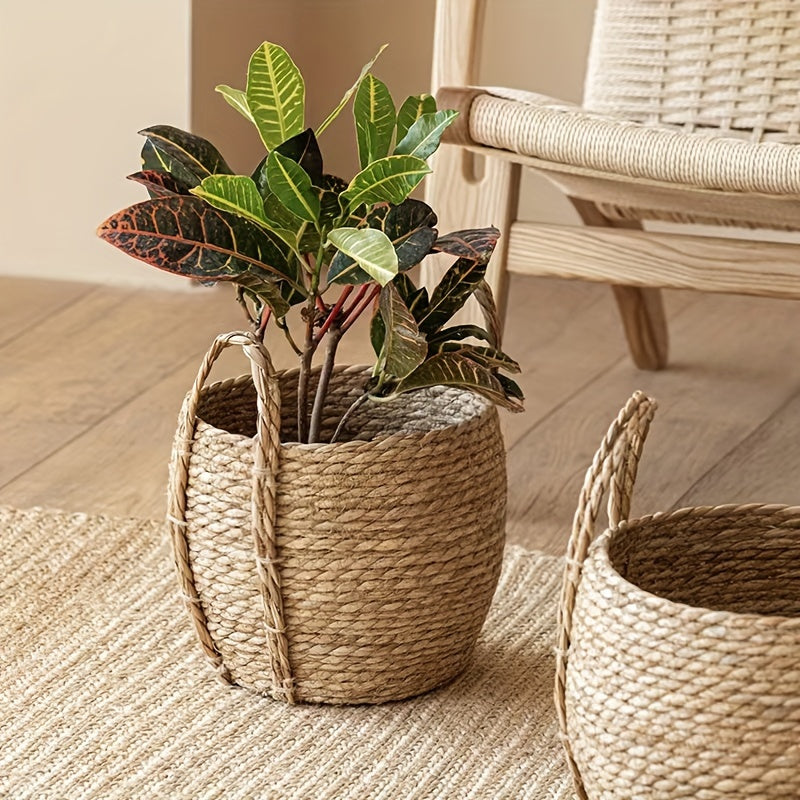 Cesta decorativa tejida a mano - Disponible en 3 tamaños - Cubremaceta rústico de tallos de sorgo con asas