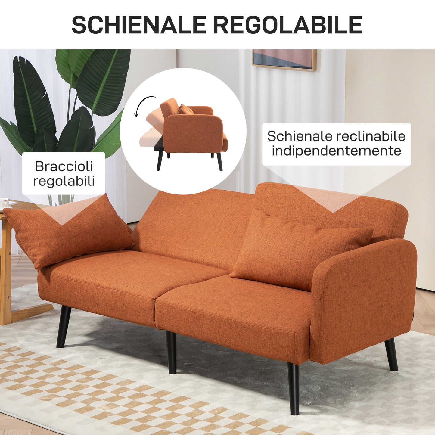 Sofá de dos plazas estilo moderno convertible en cama - Tejido efecto lino color coral, con reposabrazos y respaldo ajustables, incluye 2 cojines