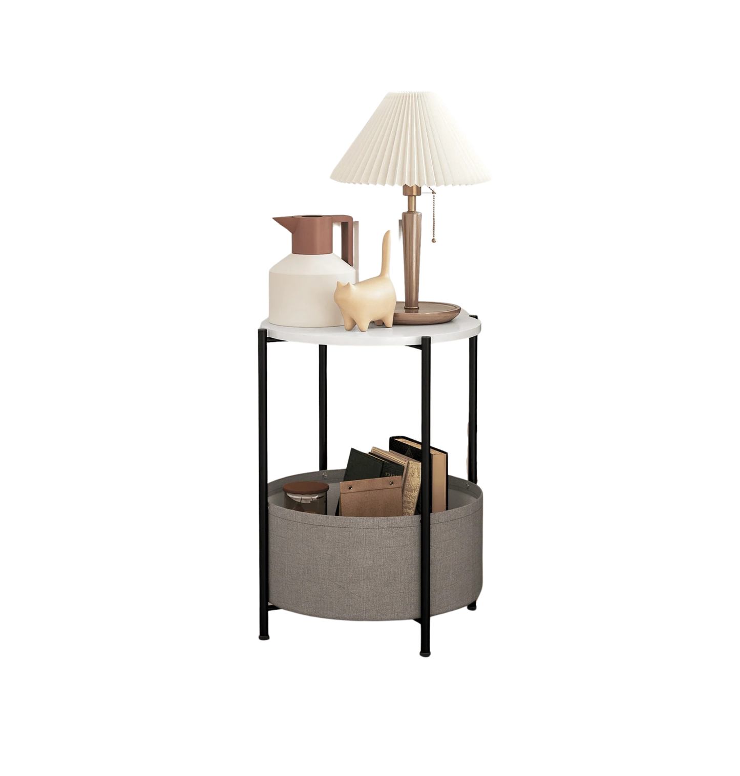 Mesa auxiliar / lateral para salón o dormitorio con almacenamiento - Mesa redonda de café con canasta de tela - Estructura de metal negro, sobre blanco y tela gris, 44x44x56cm