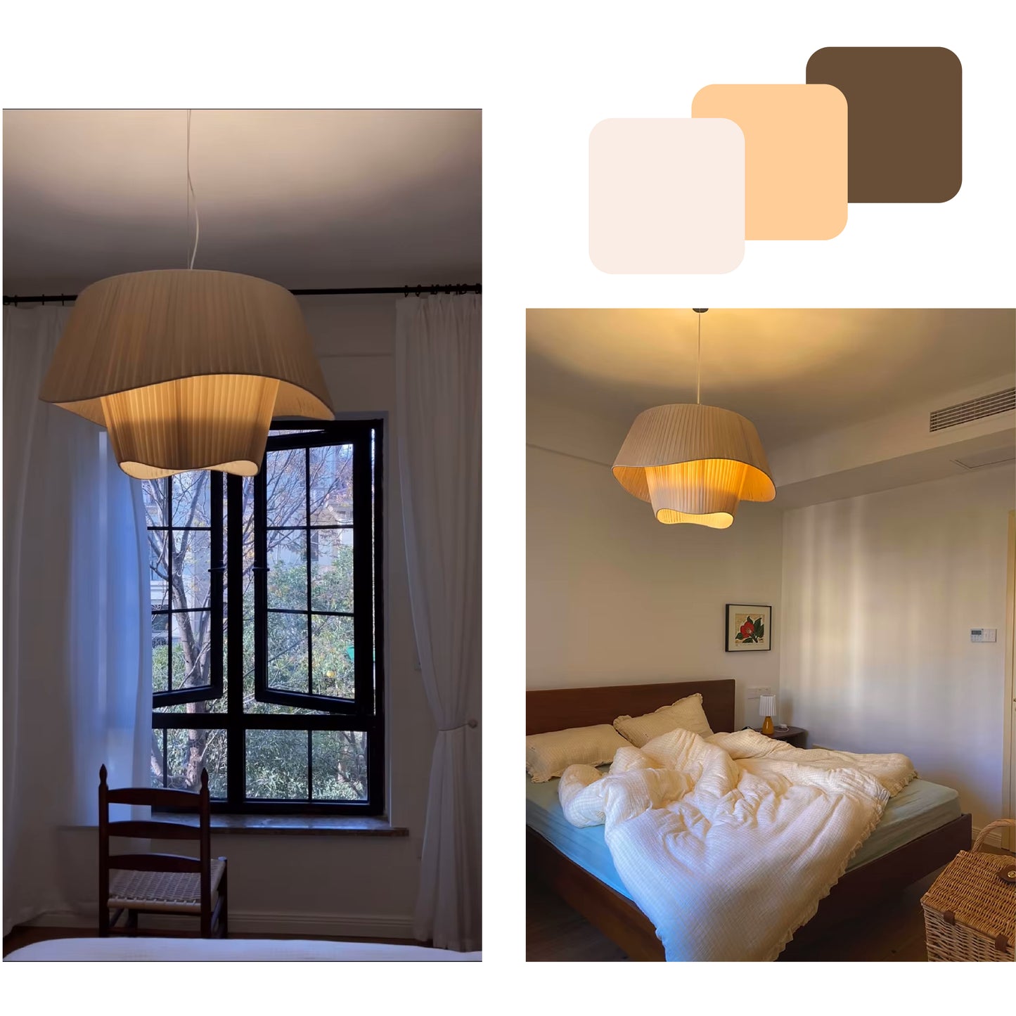 Lámpara colgante OLA de techo estilo francés – Pantalla de Tela Blanca y Estructura de Hierro – Disponible en 2 Tamaños y 3 Tonalidades de Luz LED