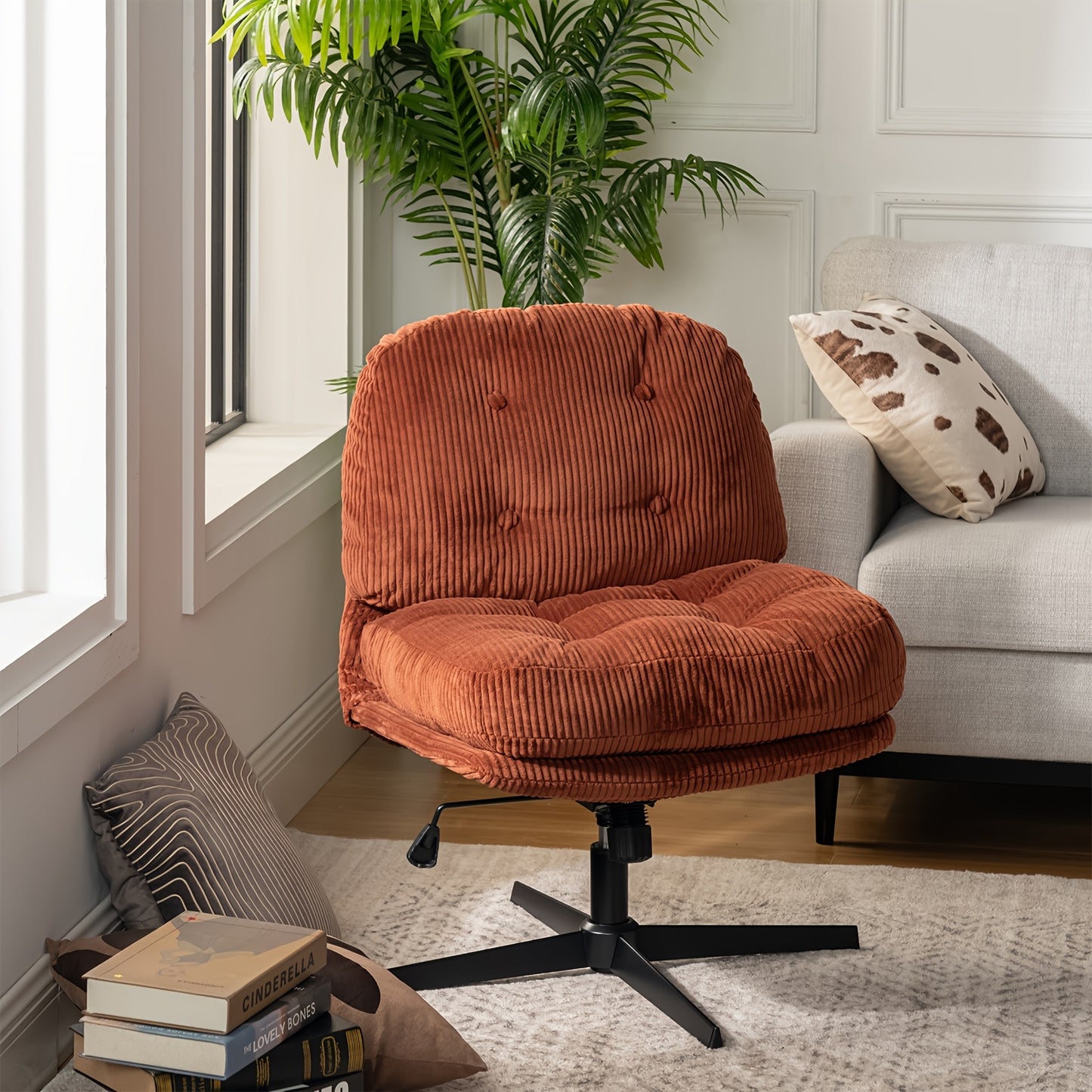 Chaise Longue ajustable giratoria sin brazos para salón u oficina - Tapizada en tela de felpa disponible en 3 colores, con ajuste de altura y 360° de giro, patas metálicas resistentes