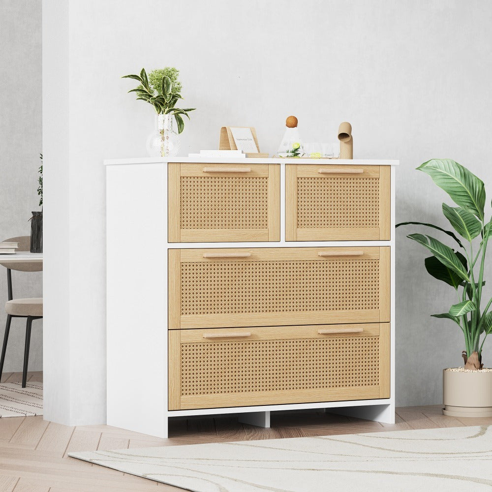 Gabinete organizador de baño estilo natural con puertas de ratán – Madera en tono natural