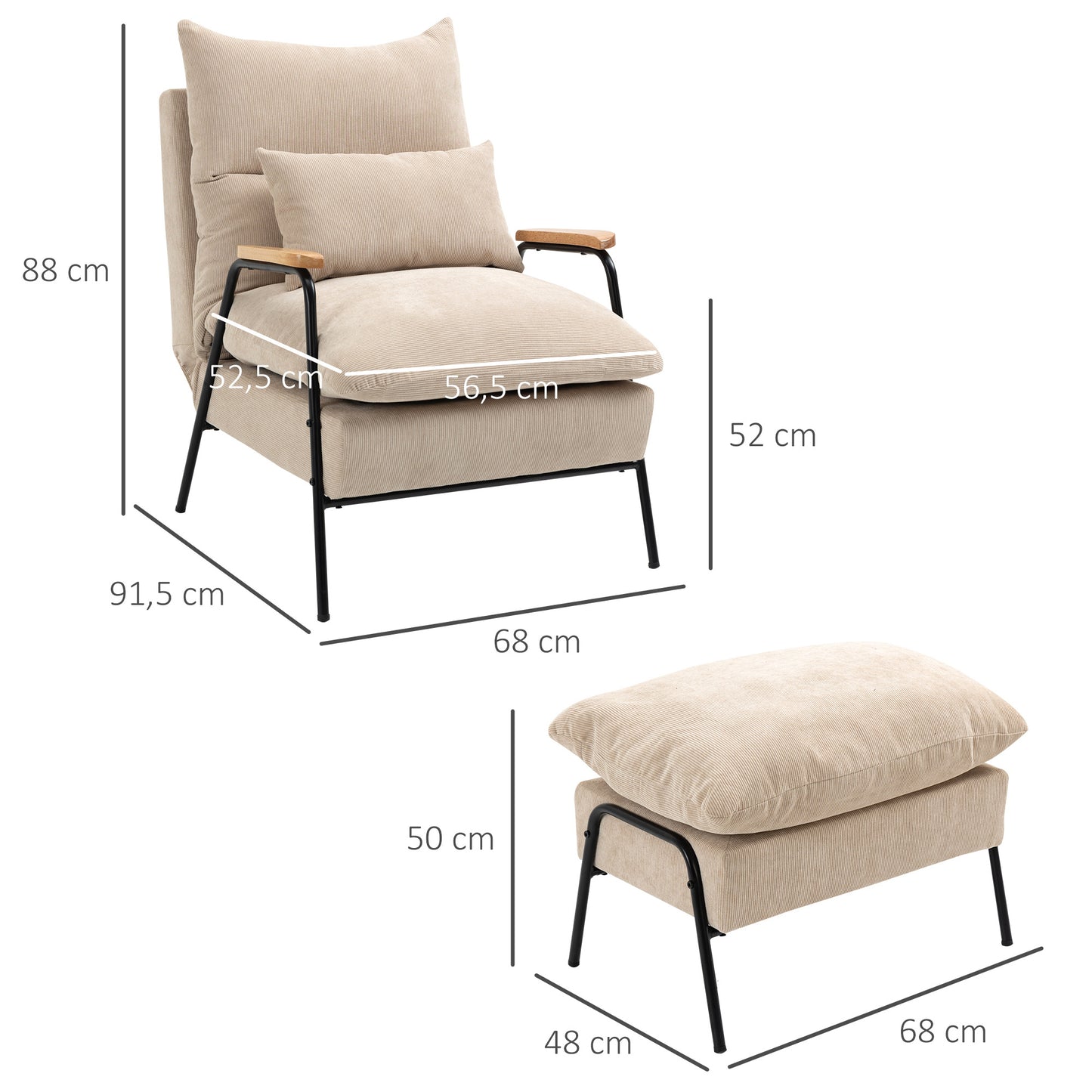 Sillón Lounge de estilo moderno con respaldo reclinable, reposabrazos y reposapiés - Tapizado en pana beige y estructura de acero en negro