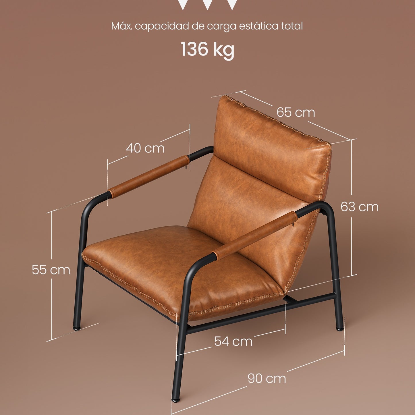Sillón de estilo moderno / mid-century con brazos - Estructura metálica y tapizado en cuero sintético marrón