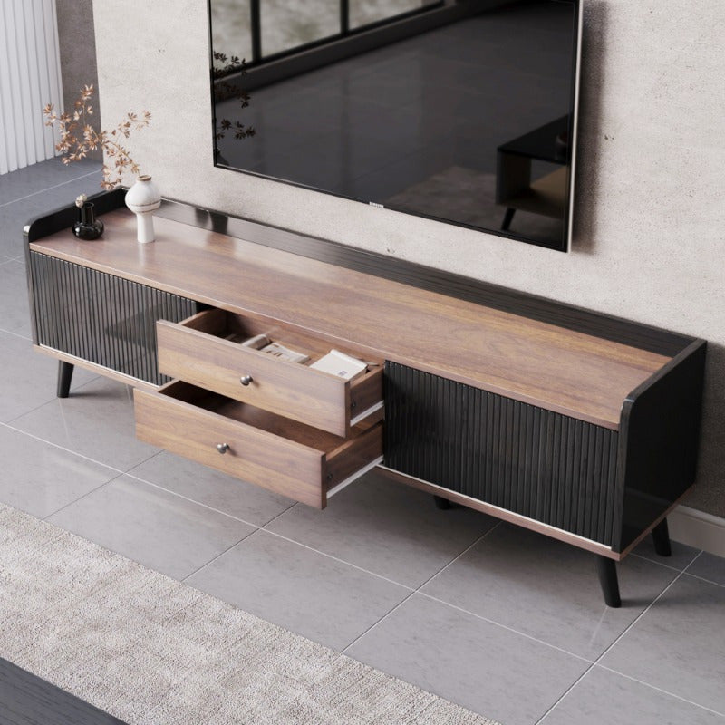 Mueble para TV de estilo moderno con puertas corredizas, 2 cajones y estante de almacenamiento - Madera maciza disponible en terminado blanco y negro