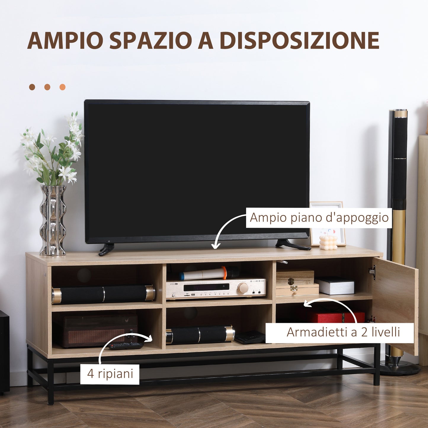 Mueble para TV móvil de estilo moderno para pantallas de hasta 60" con 4 estantes abiertos y gabinete de 2 niveles - MDF y acero en color madera y negro
