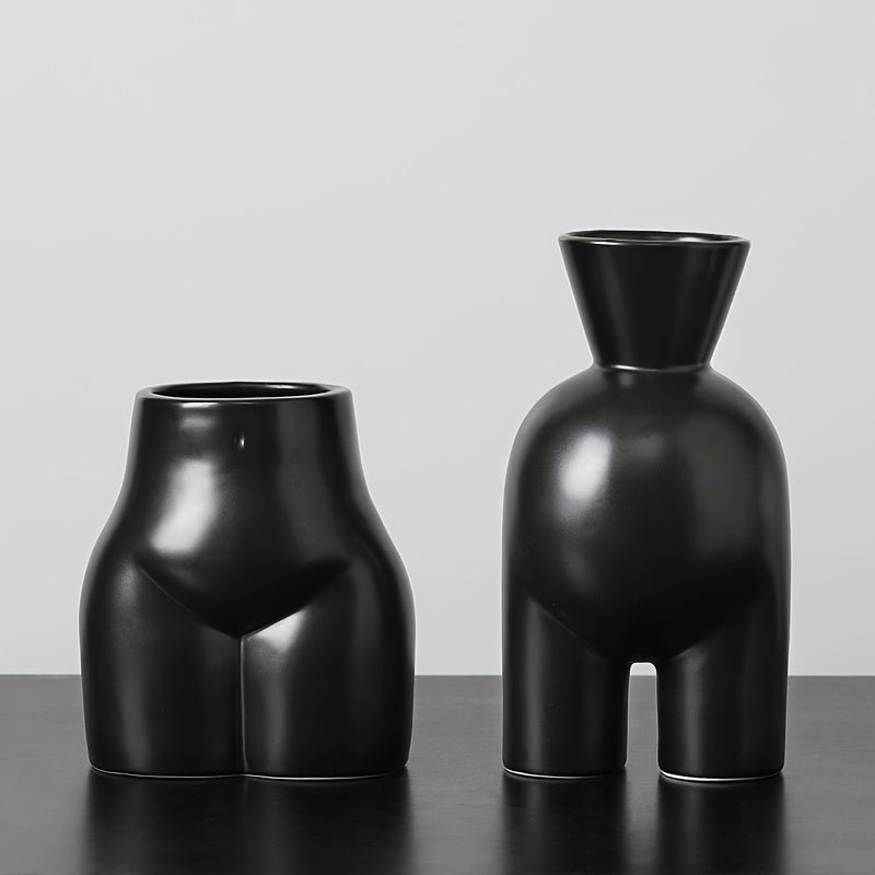 Jarrón decorativo de cerámica negro mate - Disponible en 2 formatos - Diseño de curvas suaves estilo Art Déco