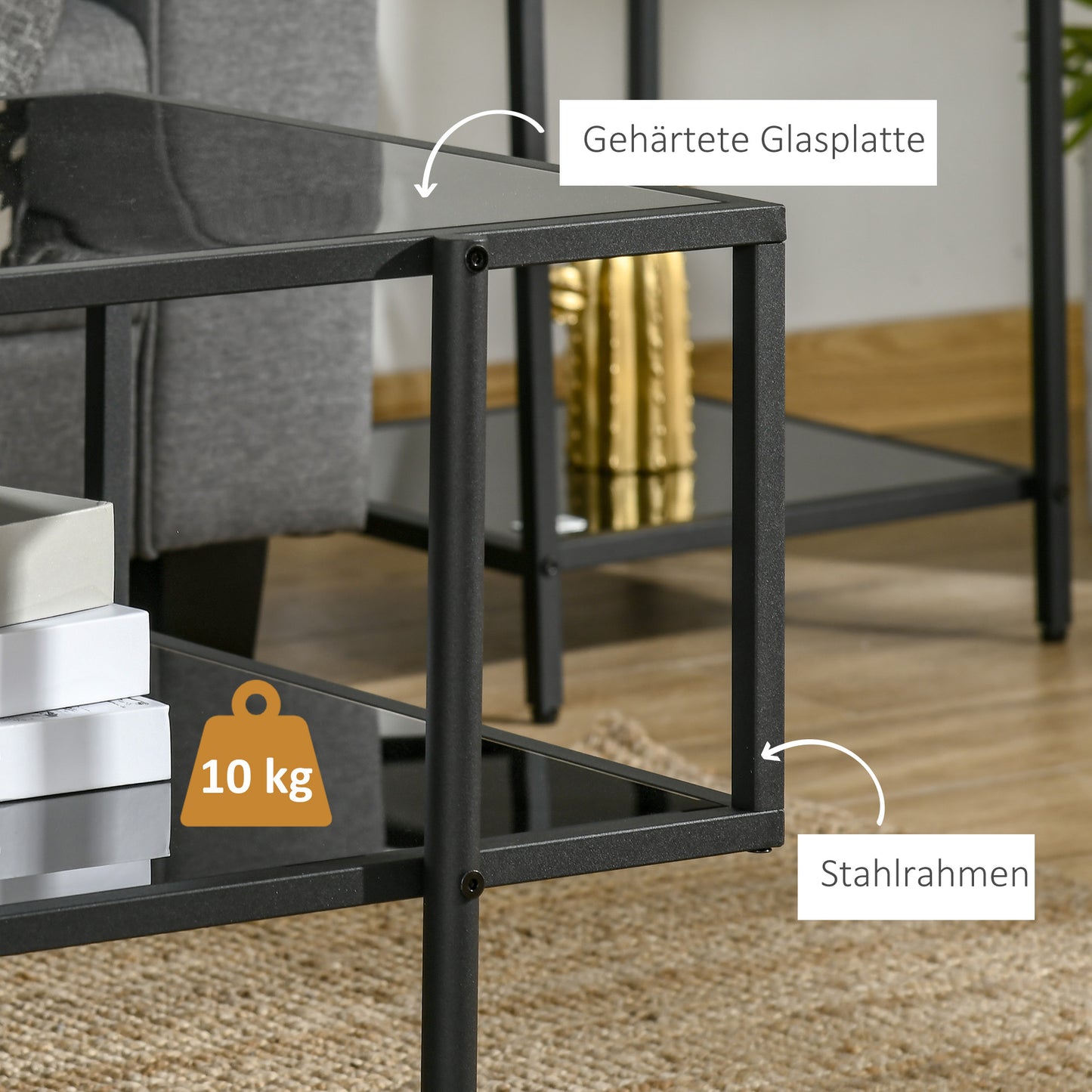 Mesa de centro para salón con dos niveles estilo contemporáneo / industrial / moderno - Diseño moderno en acero y vidrio negro