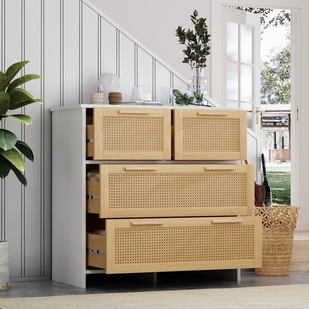 Gabinete organizador de baño estilo natural con puertas de ratán – Madera en tono natural