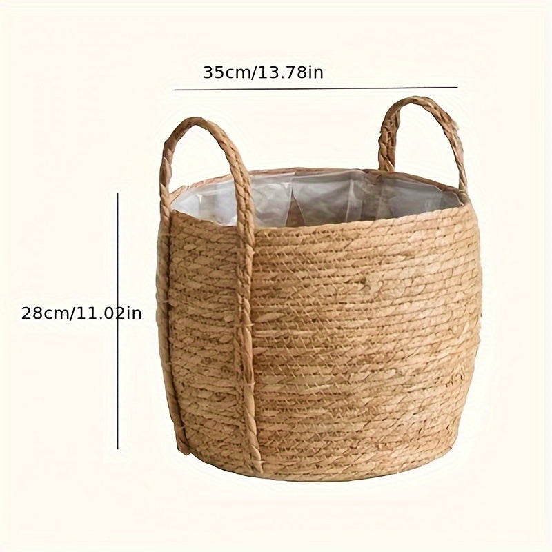 Cesta decorativa tejida a mano - Disponible en 3 tamaños - Cubremaceta rústico de tallos de sorgo con asas