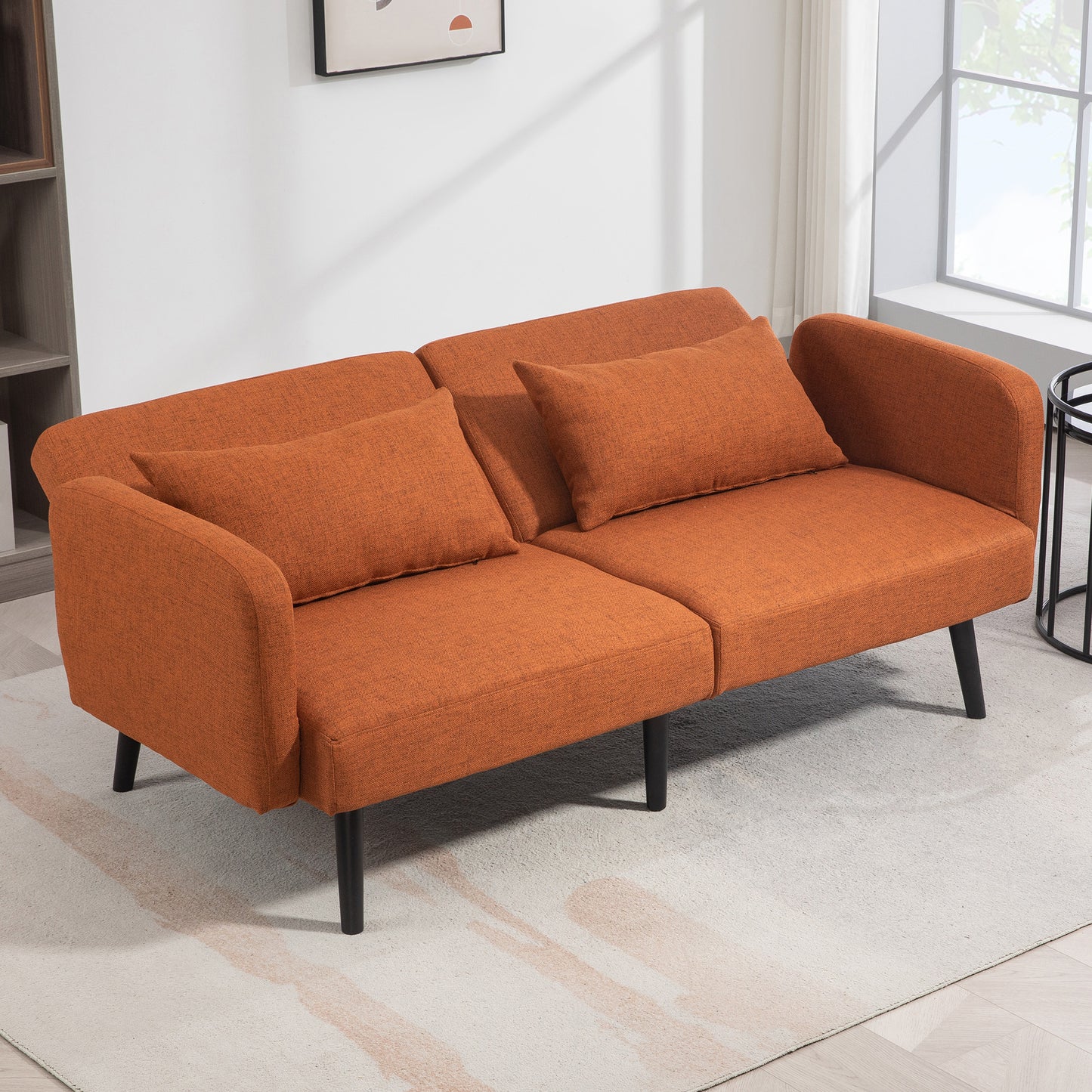 Sofá de dos plazas estilo moderno convertible en cama - Tejido efecto lino color coral, con reposabrazos y respaldo ajustables, incluye 2 cojines