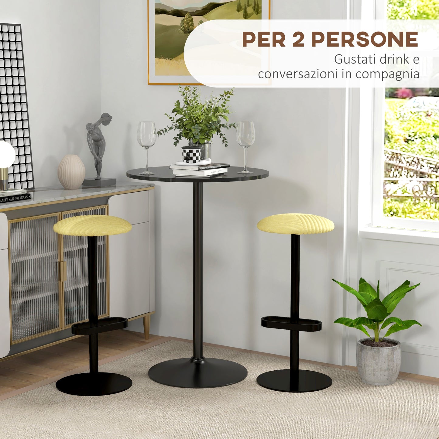 Mesa de Barra Moderna, Mesa Redonda para Cocina para 2 Personas, Base de Acero y Tapa de MDF, 70x102 cm, Negro