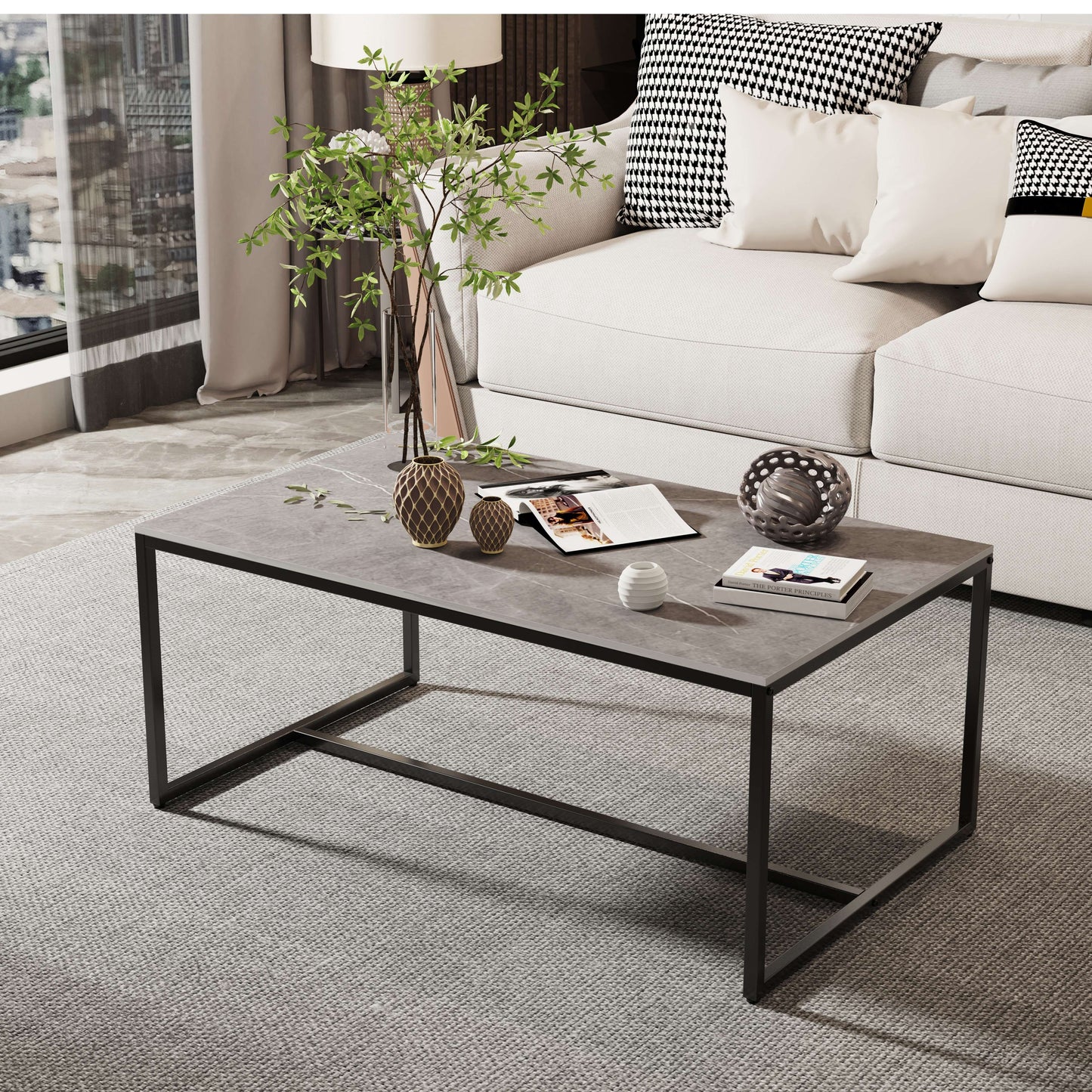Mesa de centro para sala de estar de estilo moderno - Sobre de piedra sinterizada y estructura metálica en negro