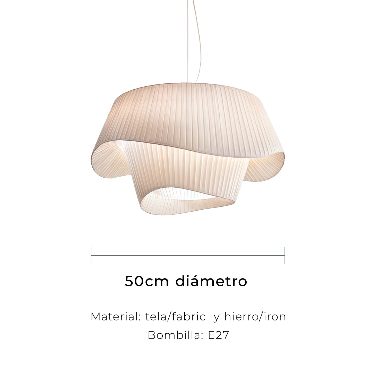 Lámpara colgante OLA de techo estilo francés – Pantalla de Tela Blanca y Estructura de Hierro – Disponible en 2 Tamaños y 3 Tonalidades de Luz LED