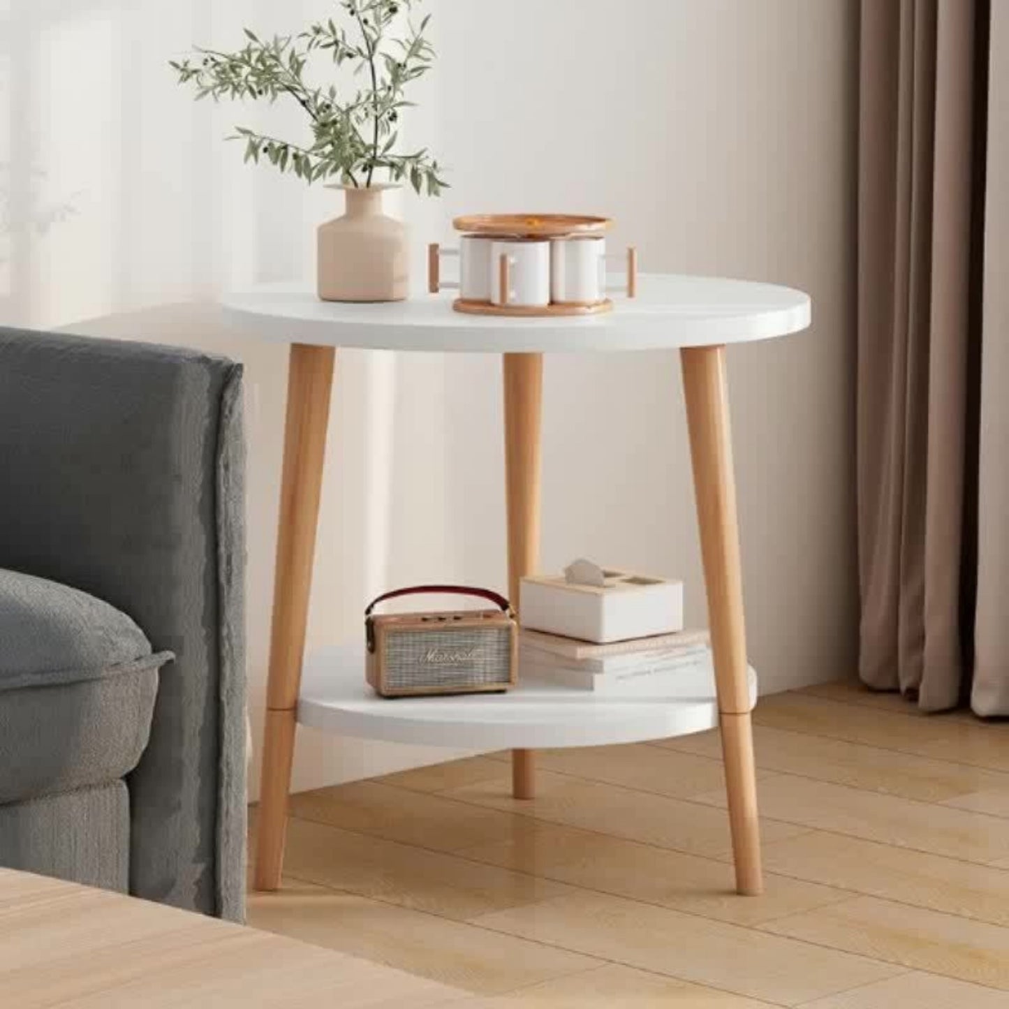 Mesa de café redonda de dos niveles estilo nórdico - Madera maciza, diseño blanco y madera, ideal para mesita de noche o auxiliar, con estante en la base