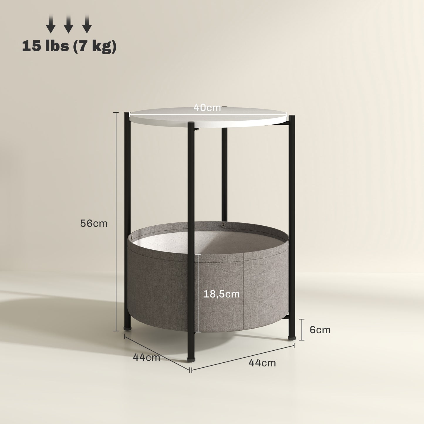 Mesa auxiliar / lateral para salón o dormitorio con almacenamiento - Mesa redonda de café con canasta de tela - Estructura de metal negro, sobre blanco y tela gris, 44x44x56cm