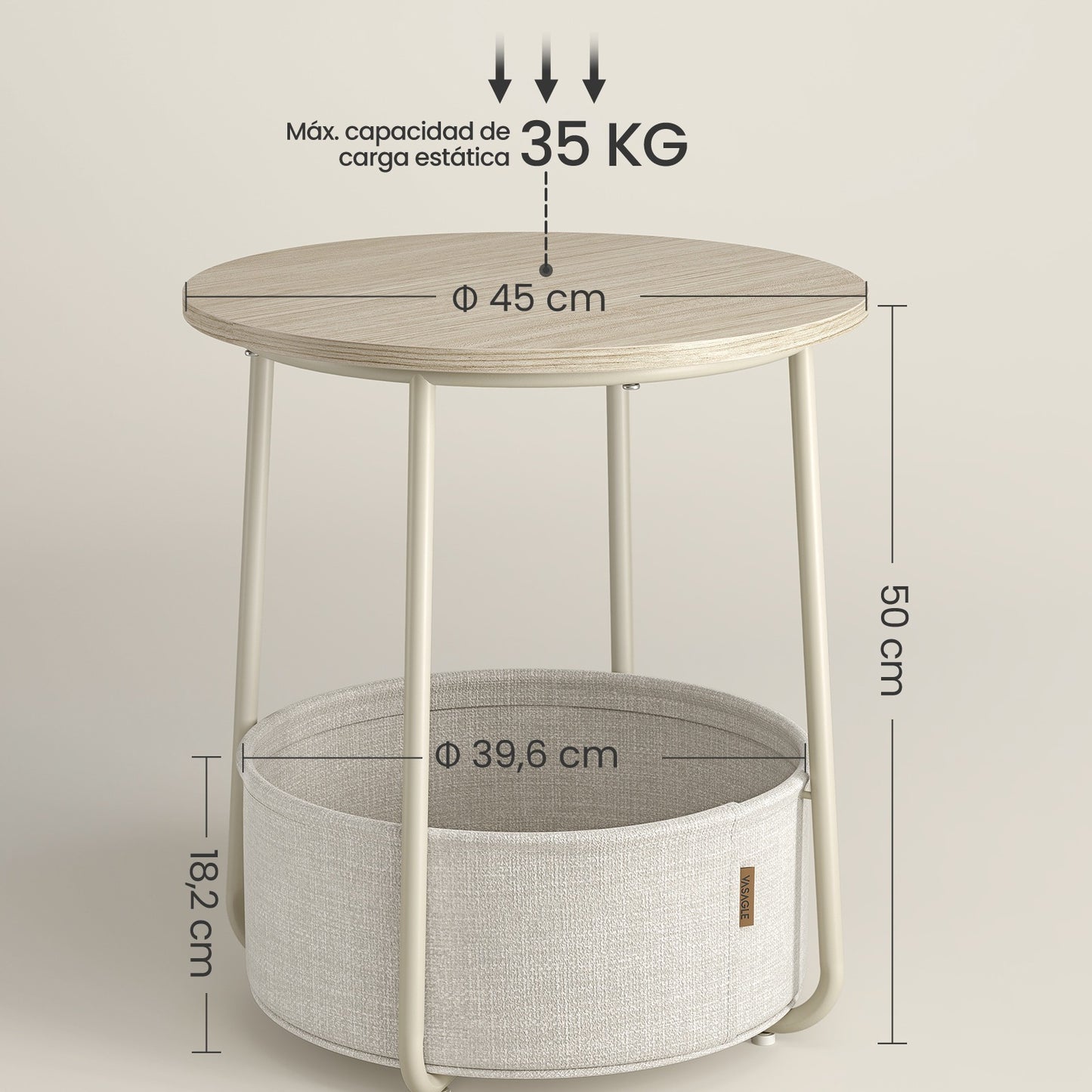 Mesa auxiliar / lateral para salón o dormitorio con almacenamiento disponible en tres colores - Mesa redonda de café con canasta de tela - Estructura de metal