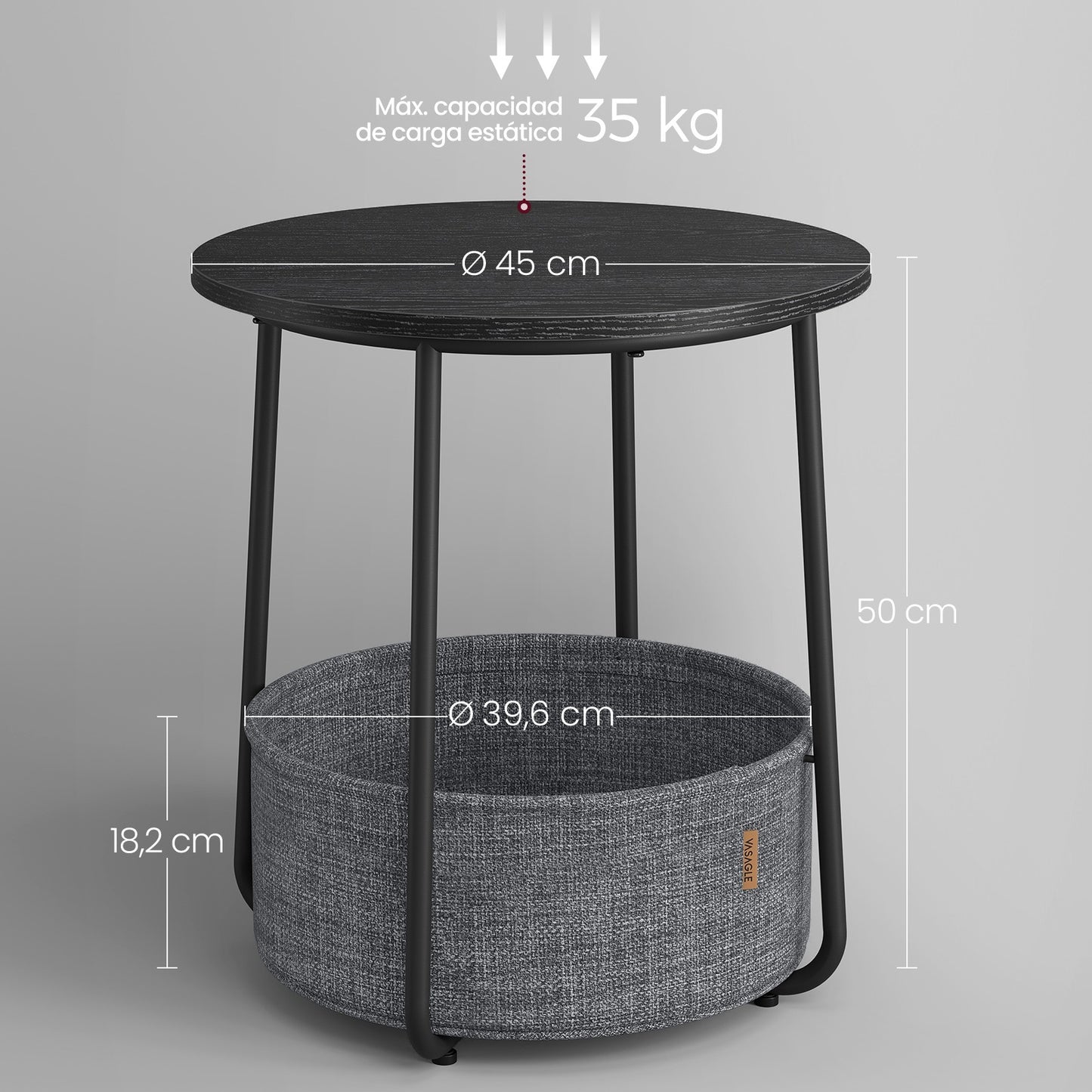 Mesa auxiliar / lateral para salón o dormitorio con almacenamiento disponible en tres colores - Mesa redonda de café con canasta de tela - Estructura de metal