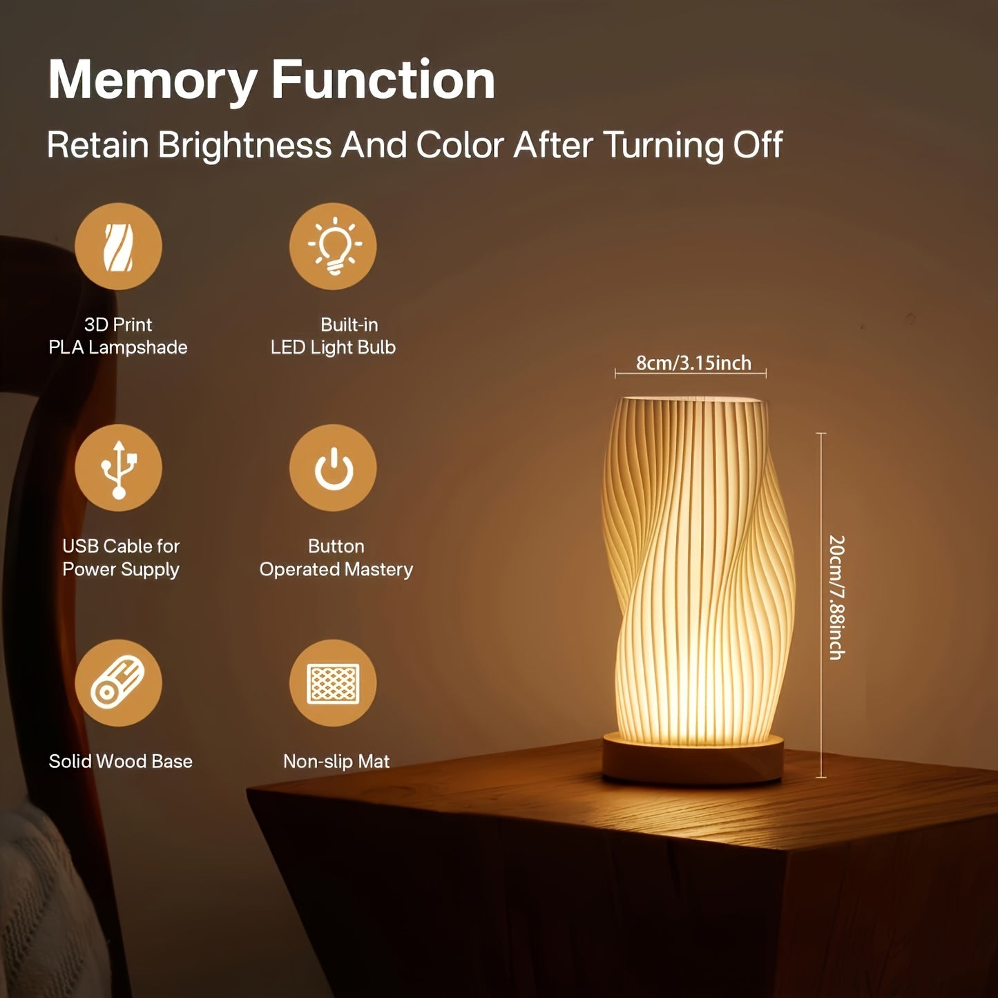 Lámpara de mesa con base de madera – Luz LED regulable con botón, ideal para dormitorio, salón, oficina o dormitorio universitario – Alimentación USB