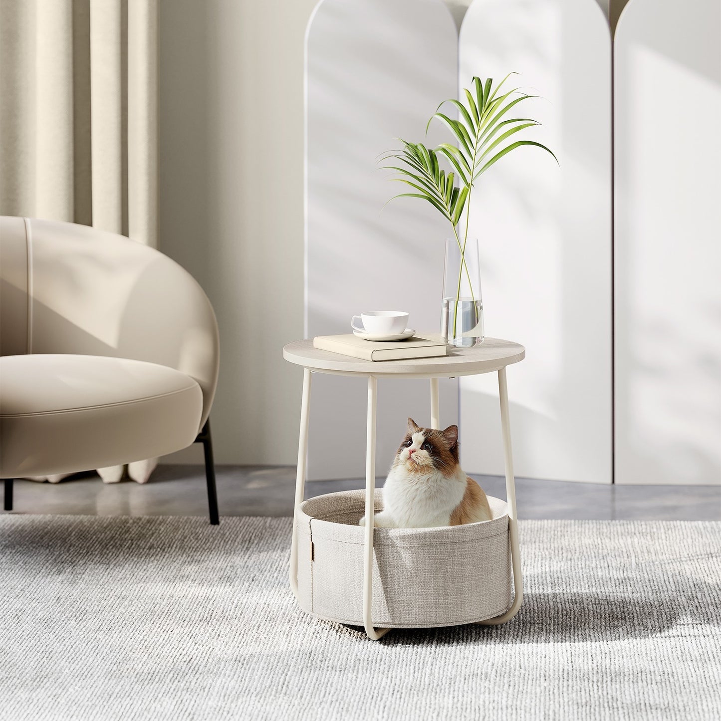 Mesa auxiliar / lateral para salón o dormitorio con almacenamiento disponible en tres colores - Mesa redonda de café con canasta de tela - Estructura de metal