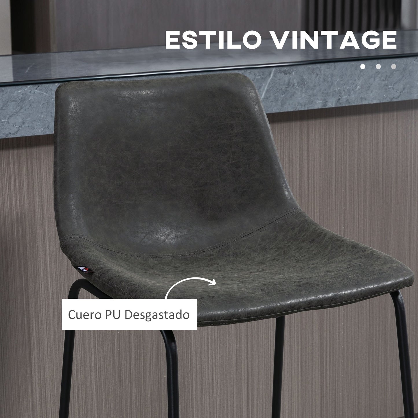 2 PIEZAS - Set de 2 taburetes altos de cocina estilo vintage con respaldo y reposapiés - Tapizado en piel sintética y estructura de acero en negro