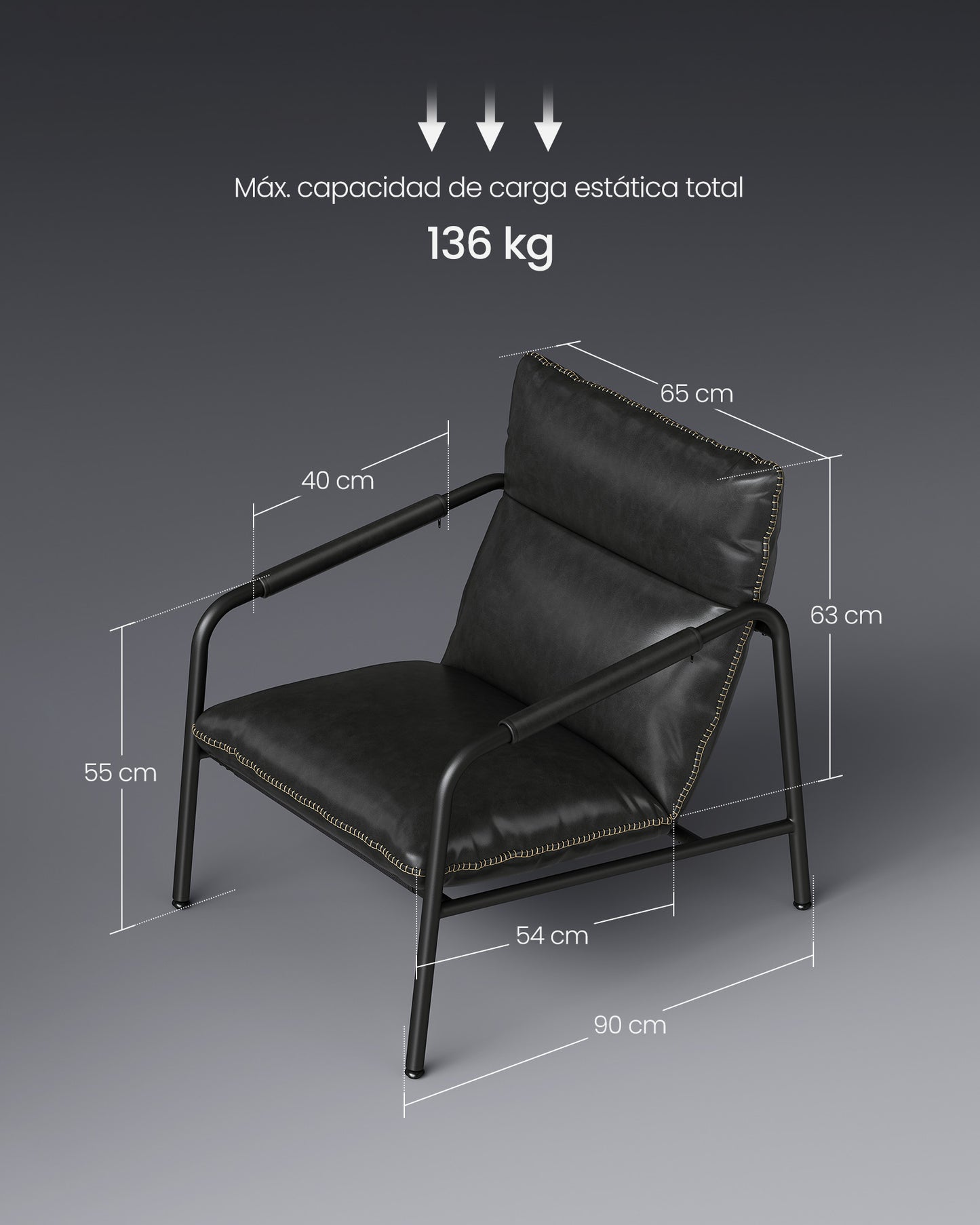 Sillón de estilo moderno / mid-century con brazos - Estructura metálica y tapizado en cuero sintético negro