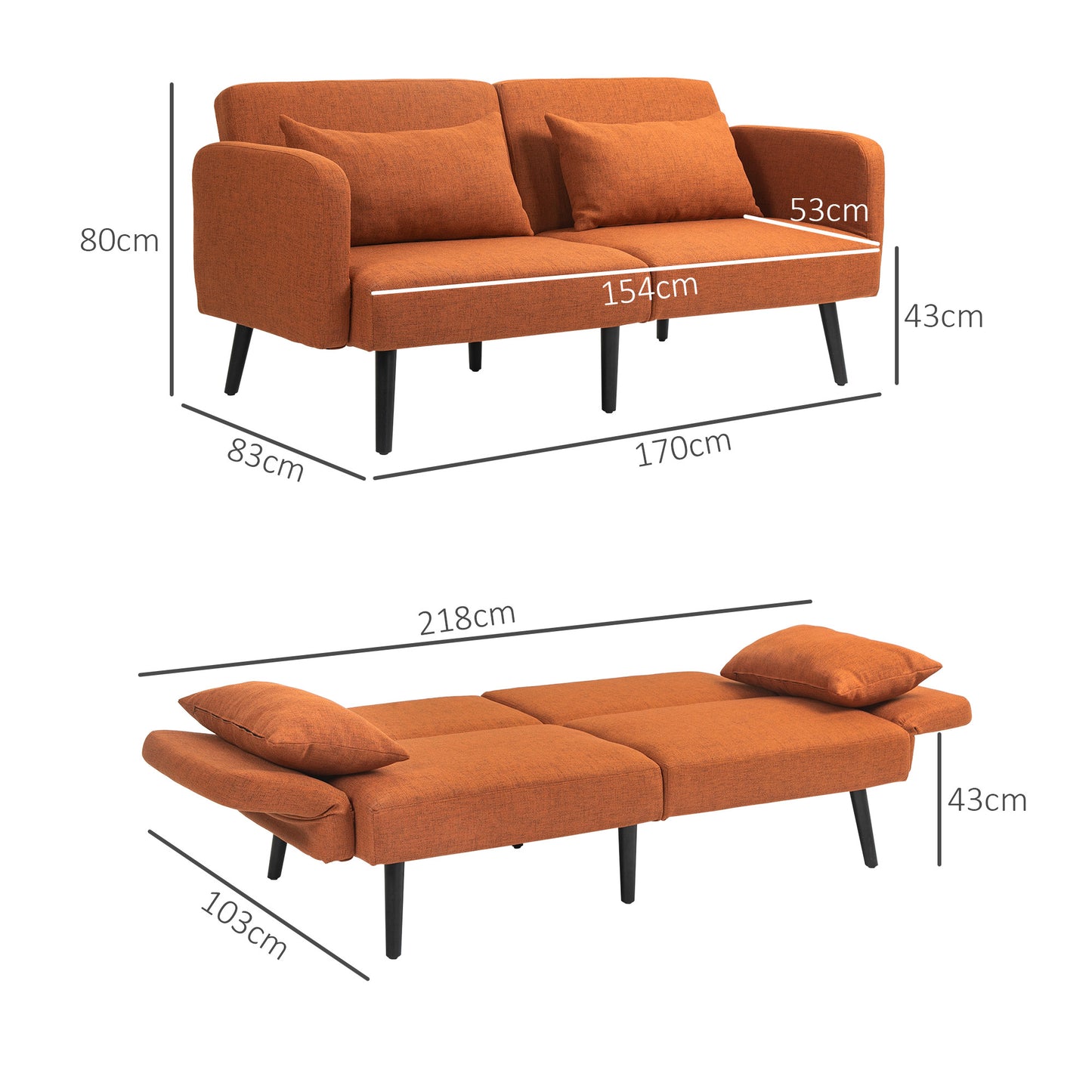 Sofá de dos plazas estilo moderno convertible en cama - Tejido efecto lino color coral, con reposabrazos y respaldo ajustables, incluye 2 cojines