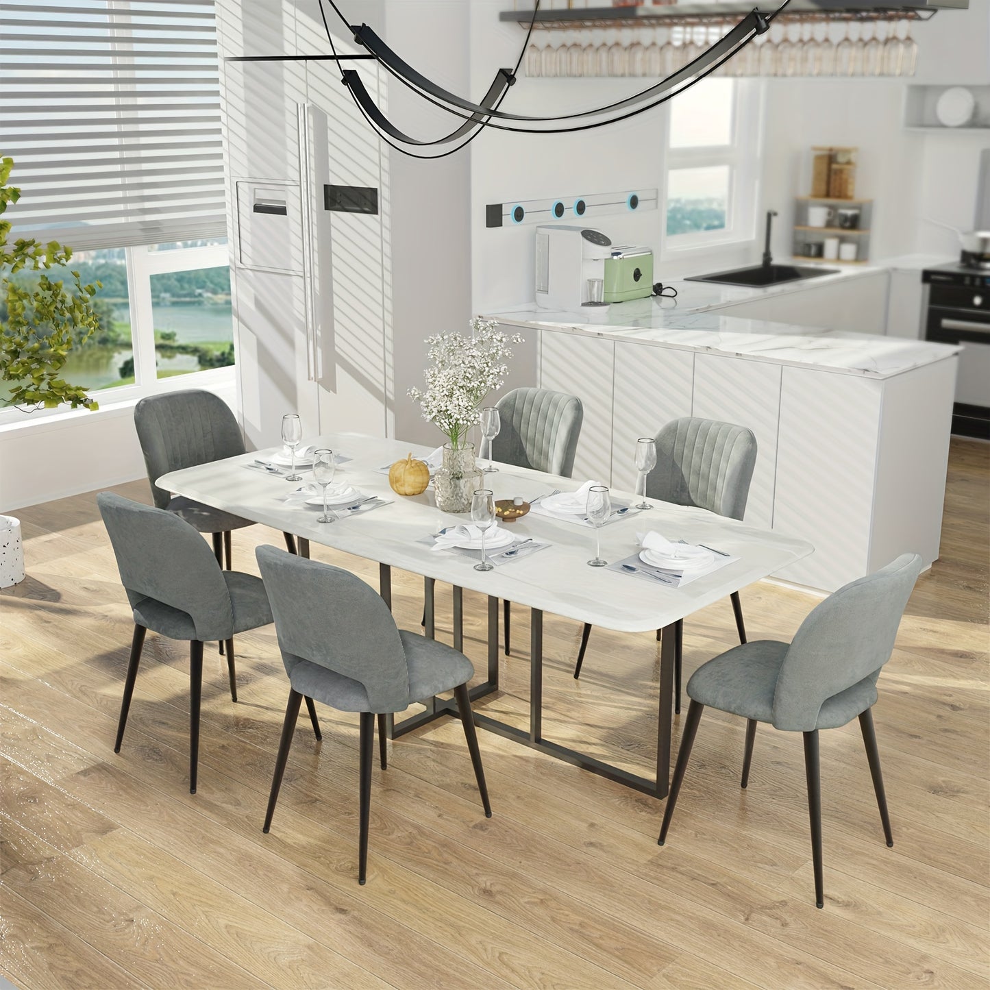 2 PIEZAS - Sillas de comedor estilo contemporáneo, tapizadas y con respaldo abierto - Terciopelo gris y patas metálicas en negro