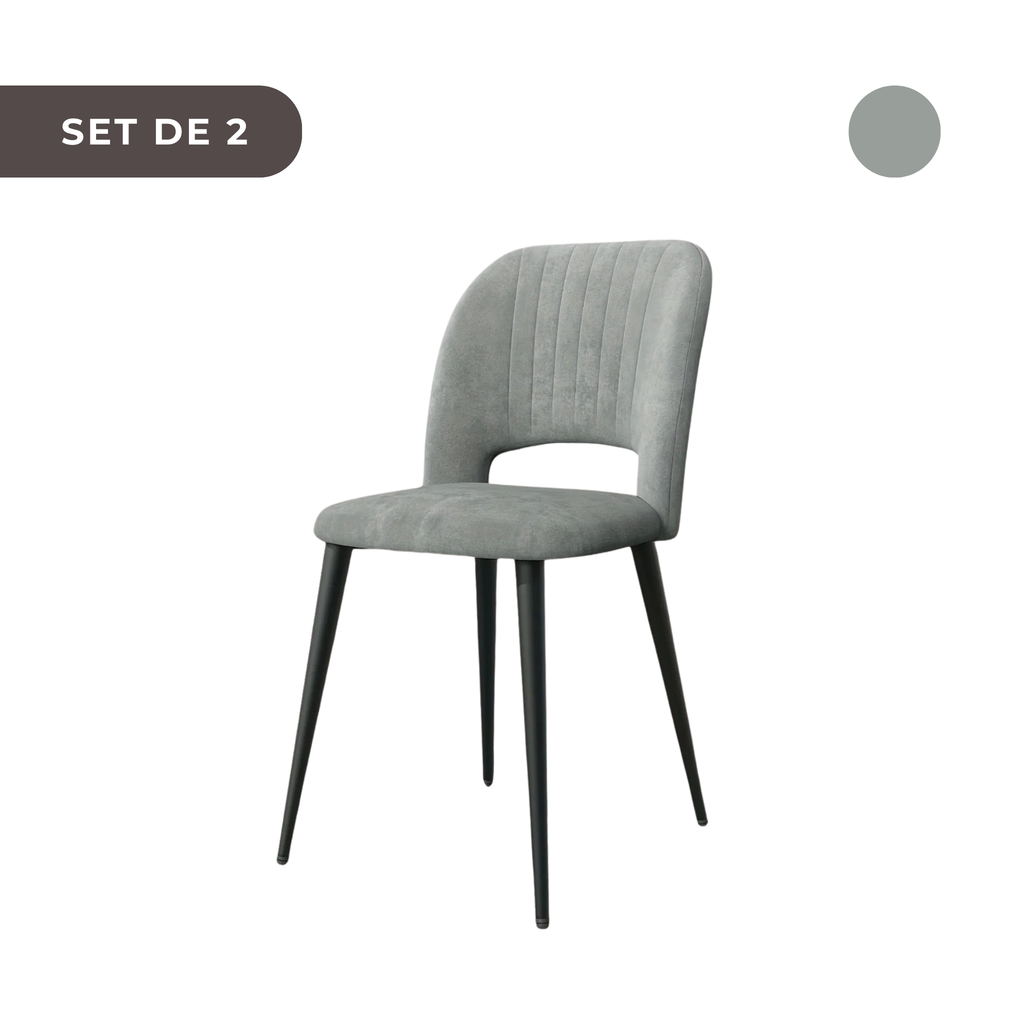 2 PIEZAS - Sillas de comedor estilo contemporáneo, tapizadas y con respaldo abierto - Terciopelo gris y patas metálicas en negro
