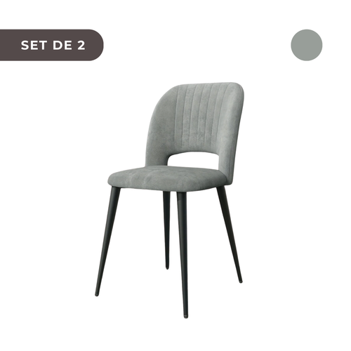 2 PIEZAS - Sillas de comedor estilo contemporáneo, tapizadas y con respaldo abierto - Terciopelo gris y patas metálicas en negro