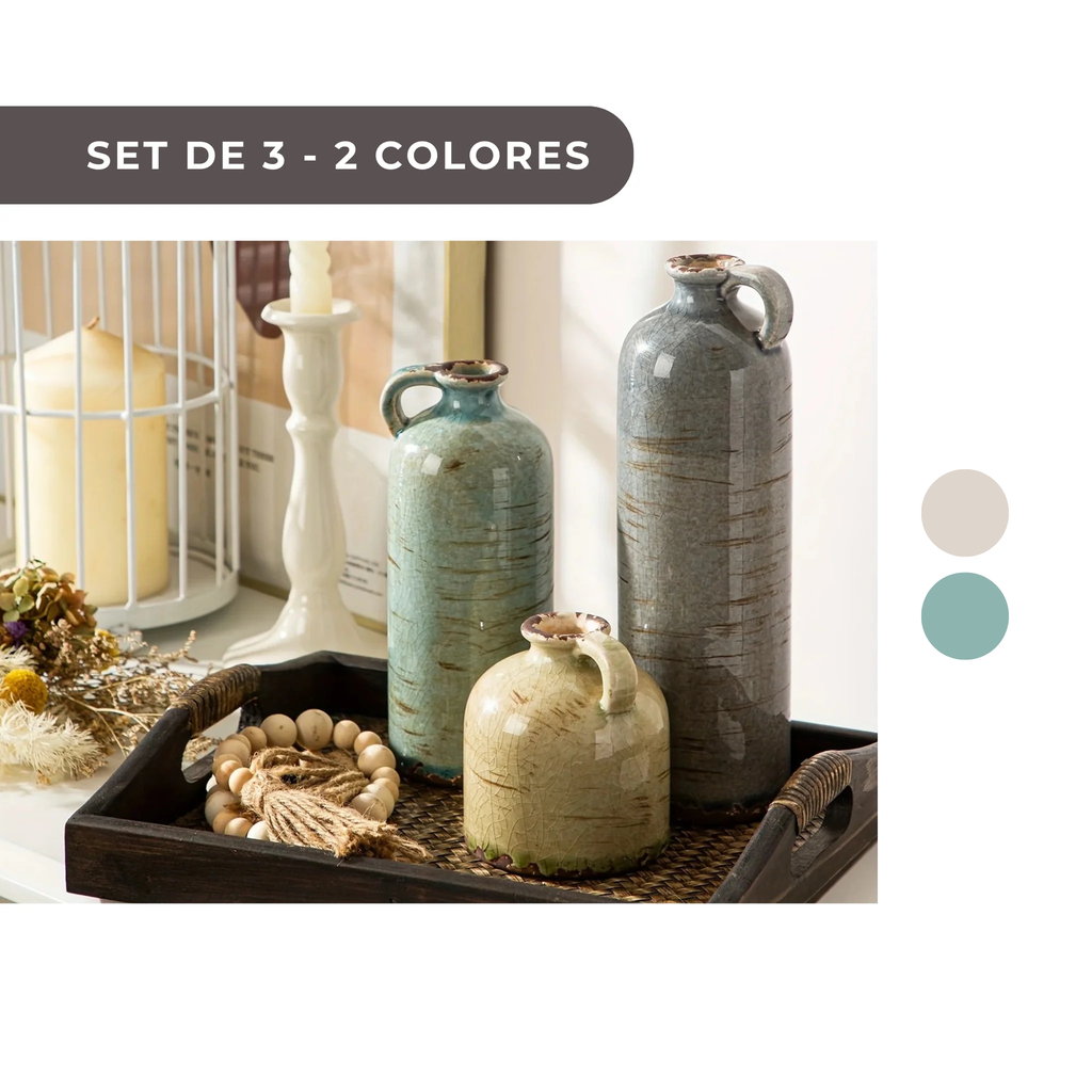 3 PIEZAS - Set de 3 jarrones de cerámica estilo boho vintage - Diseño texturizado y brillante, disponible en mix aqua y blanco