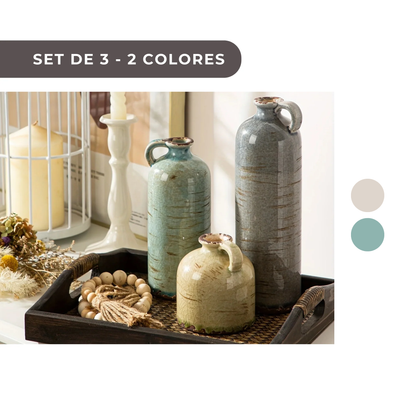 3 PIEZAS - Set de 3 jarrones de cerámica estilo boho vintage - Diseño texturizado y brillante, disponible en mix aqua y blanco