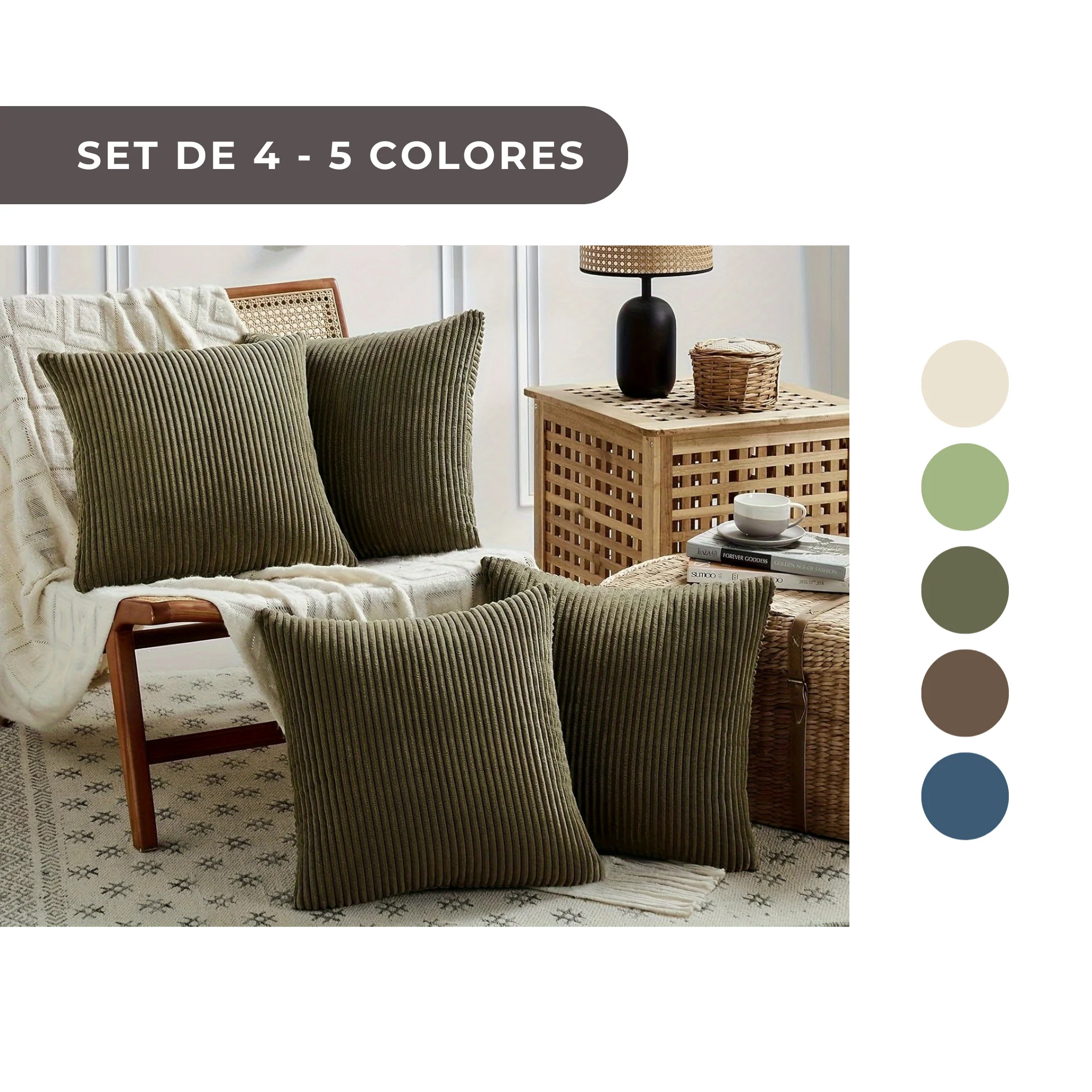 4 PIEZAS - Set de 4 fundas de cojín de terciopelo con textura a rayas, estilo bohemio, disponible en 5 colores, 45x45 cm