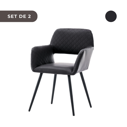 2 PIEZAS - Sillas de comedor de estilo contemporáneo con reposabrazos y respaldo abierto- Tapizado y estructura de metal en negro