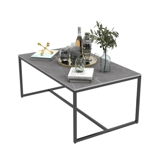 Mesa de centro para sala de estar de estilo moderno - Sobre de piedra sinterizada y estructura metálica en negro