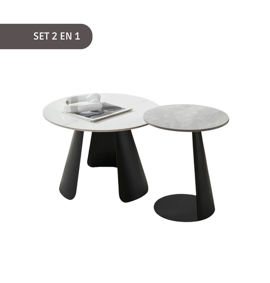 2 PIEZAS - Set de 2 mesas auxiliares estilo minimalista - Diseño multifuncional - Sobre de piedra y patas metálicas