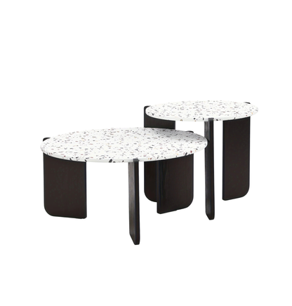 2 PIEZAS - Set de 2 mesas de centro a juego estilo contemporáneo para salón o sala de estar - Set de mesa lateral + mesa de centro - Sobre imitación terrazo y estructura de madera pintada en negro