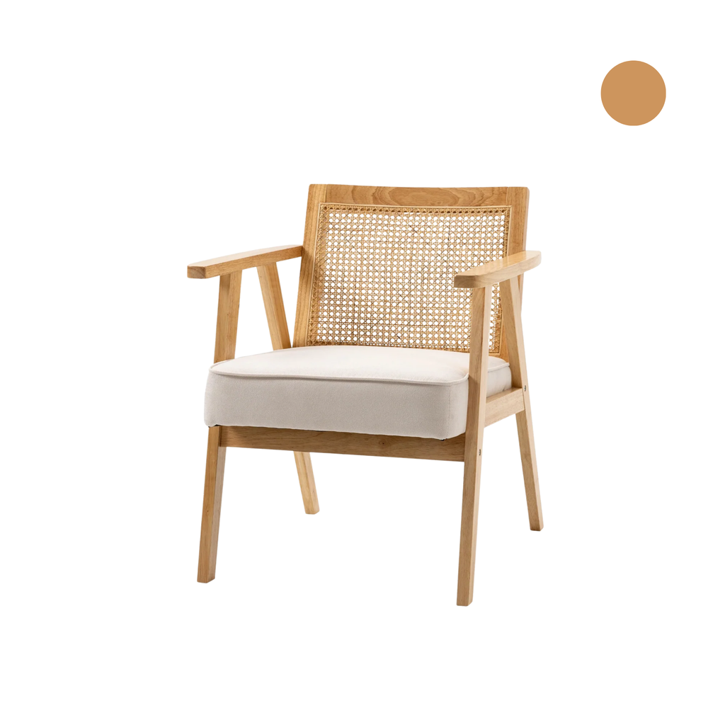 Sillón Lounge de estilo boho con respaldo de ratán y reposabrazos - Tapizado en tela con efecto lino y estructura de madera de caucho