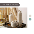 3 PIEZAS - Set de 3 jarrones de cerámica estilo boho vintage - Diseño texturizado y brillante, disponible en mix aqua y blanco