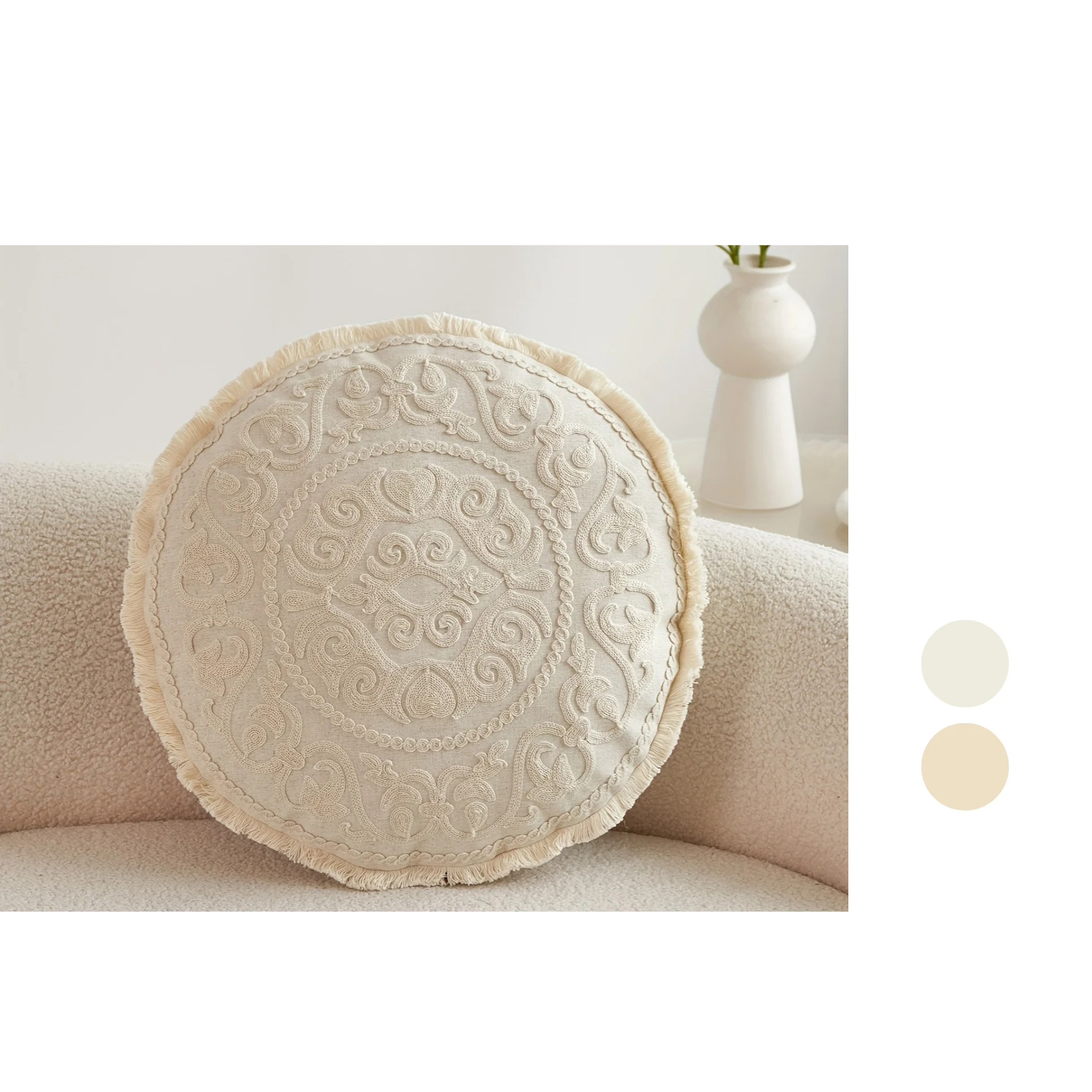 1pc Traditional Round Embroidered Floral Throw Pillow Cover, Linen Blend with Zipper Closure - Perfect for All Seasons Home Decor