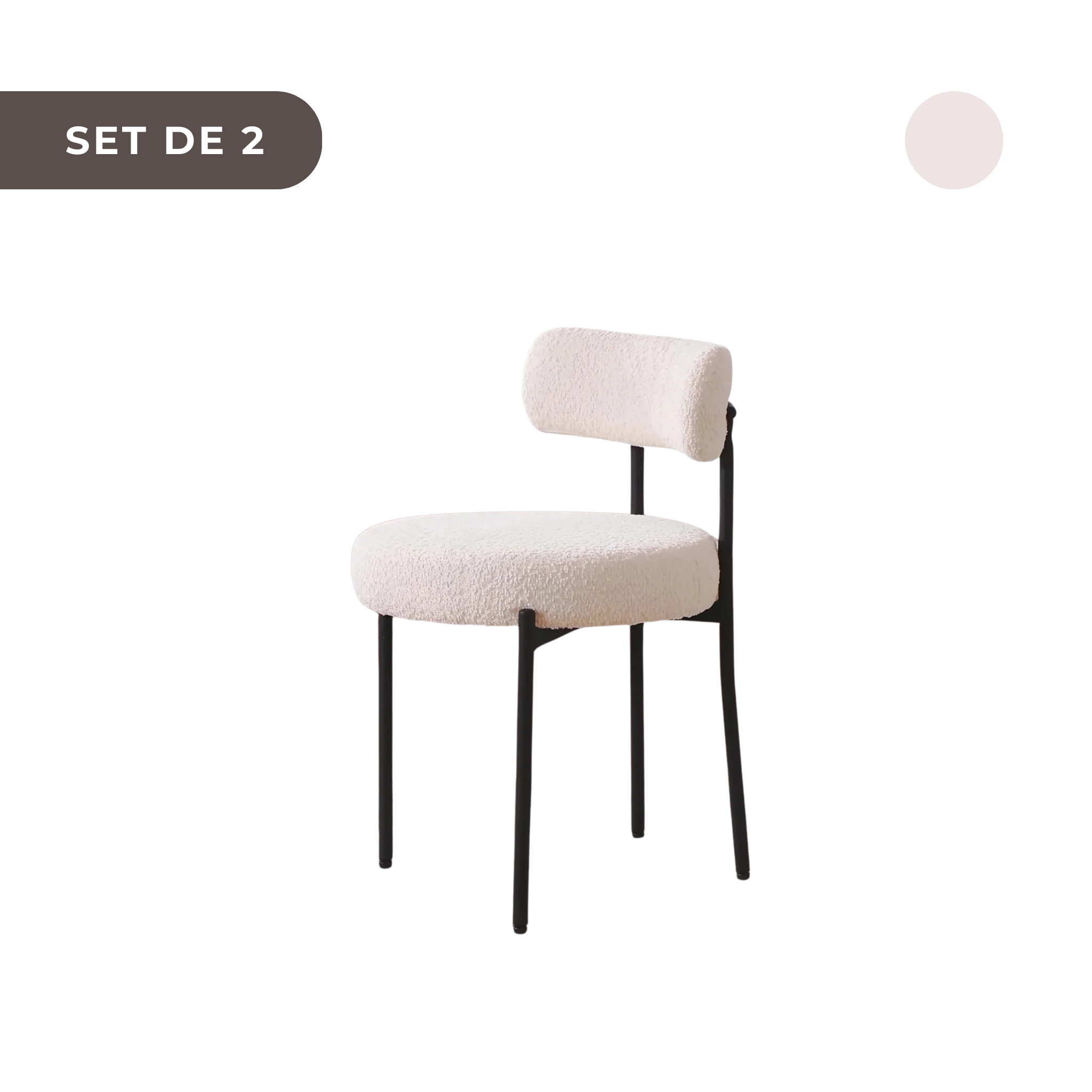 2 PIEZAS - Sillas de comedor estilo mid century moderno minimalista con respaldo curvado - Bouclé blanco y marco de metal negro