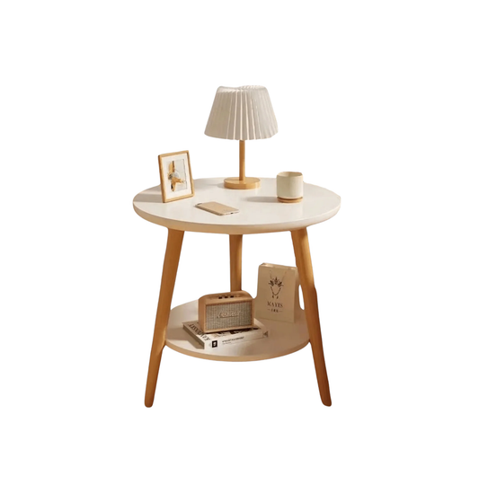 Mesa de café redonda de dos niveles estilo nórdico - Madera maciza, diseño blanco y madera, ideal para mesita de noche o auxiliar, con estante en la base