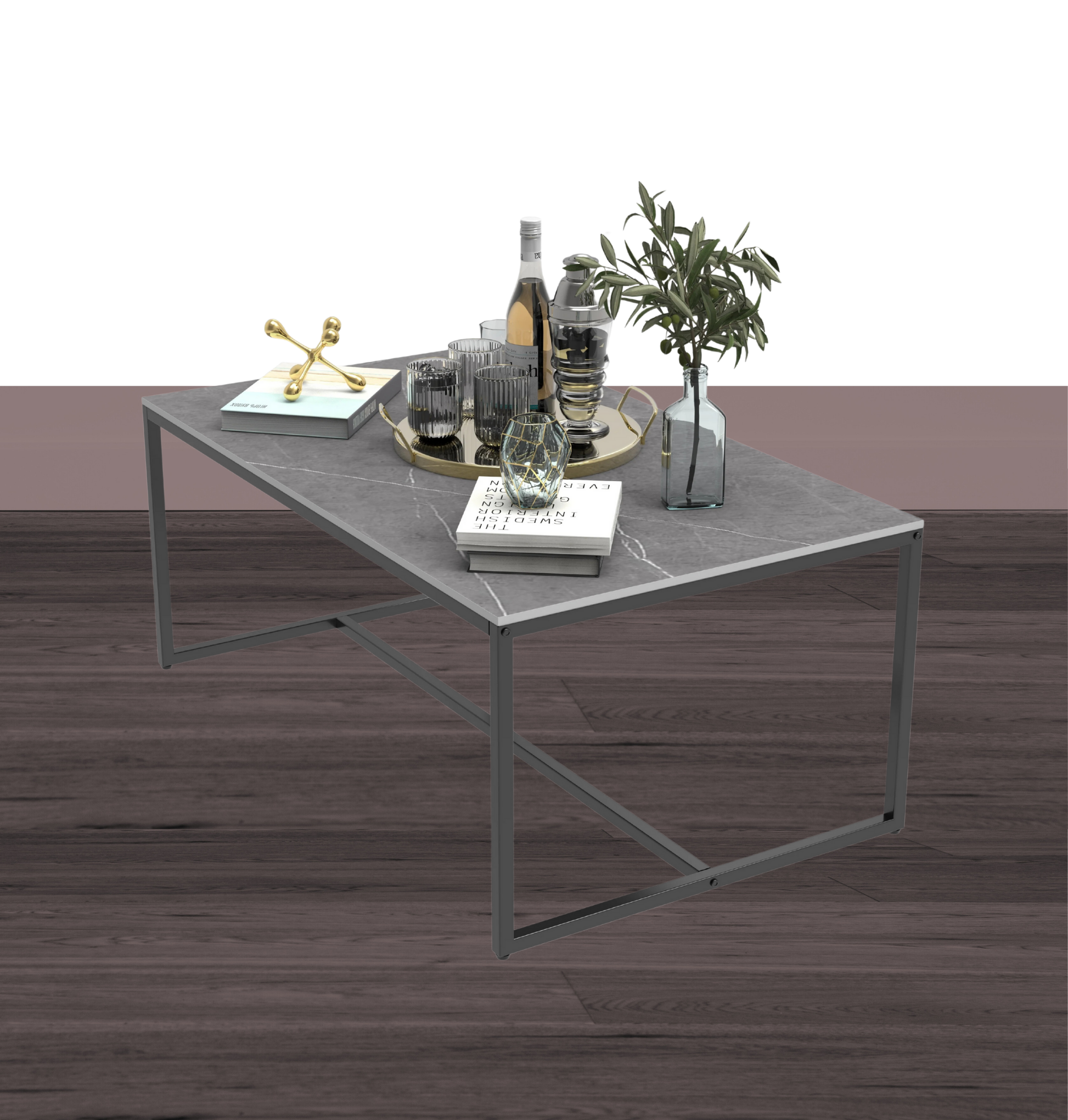 Mesa de centro para sala de estar de estilo moderno - Sobre de piedra sinterizada y estructura metálica en negro