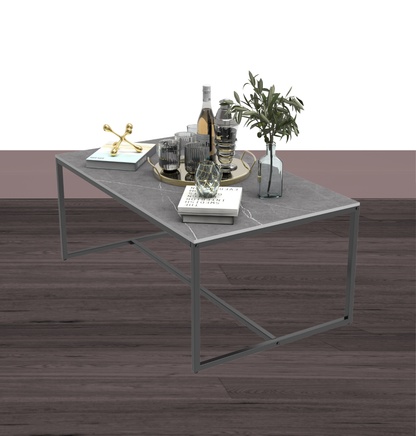Mesa de centro para sala de estar de estilo moderno - Sobre de piedra sinterizada y estructura metálica en negro